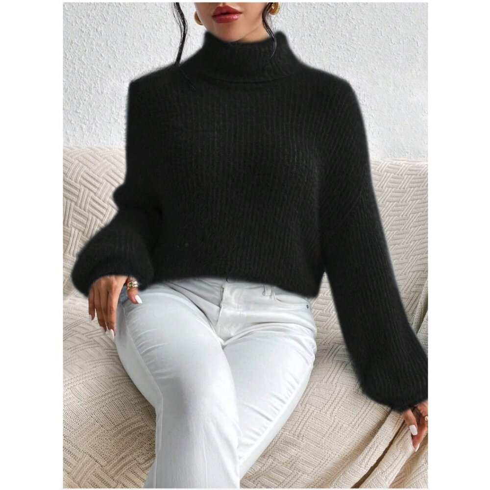 LAST ONE 🔥 Black Fuzzy Turtleneck Drop Shoulder Sweater Pullover - Picture 3 of 6